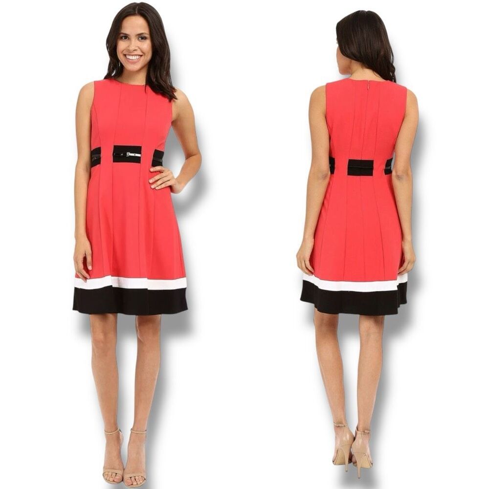 Calvin Klein Belted Fit & Flare Contrast Stripe Dress Watermelon 4